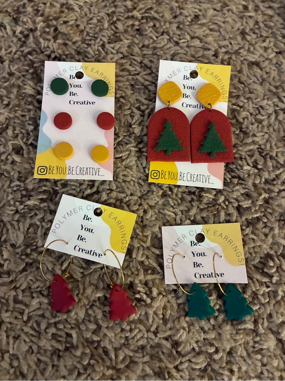 Handmade Polymer Clay Holiday Tree Earrings Set - Red, Green, Yellow